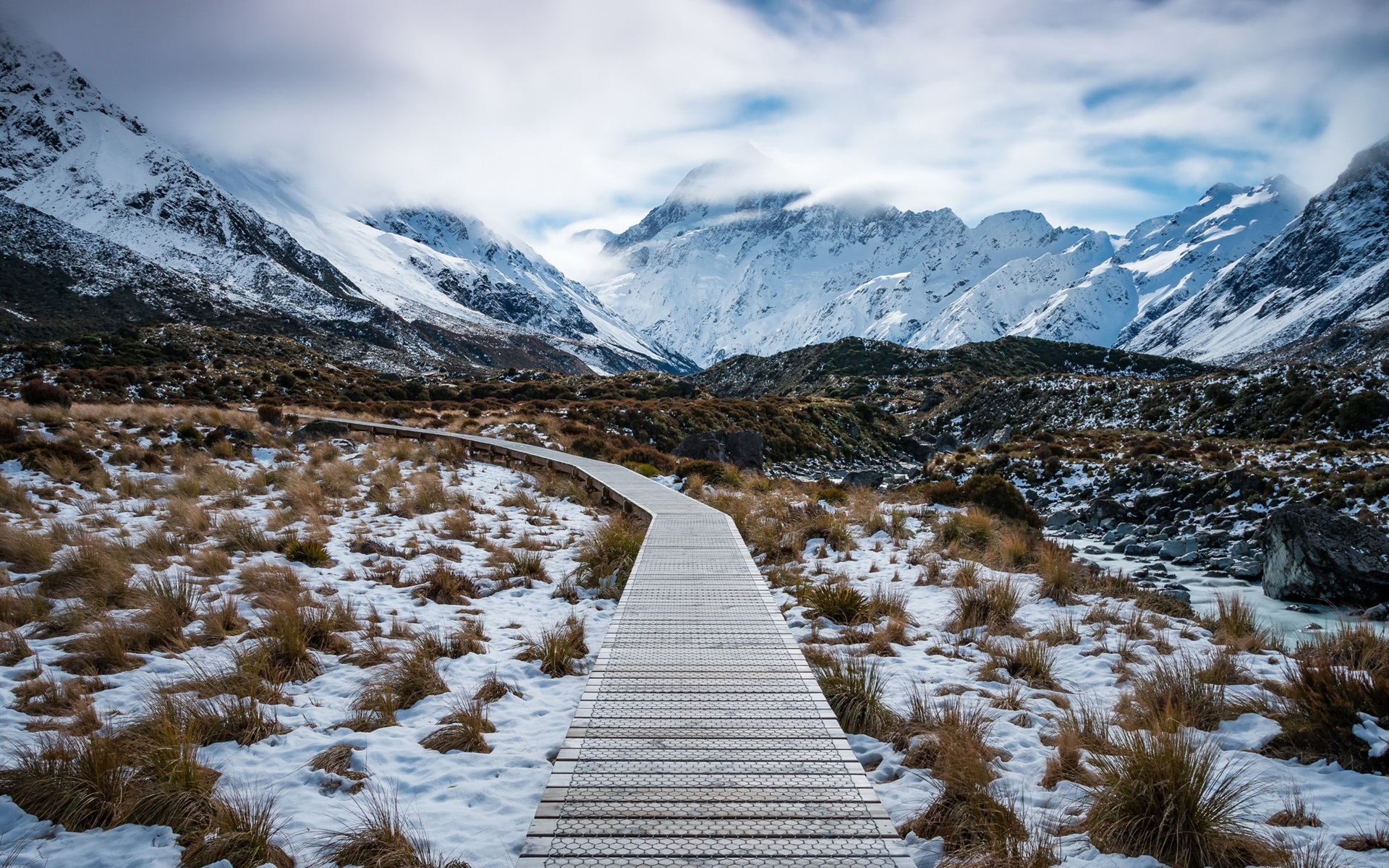 Enjoy walking Aoraki-mount-cook-national-park-new-zealand-mountains-snow-path-1080P-wallpaper