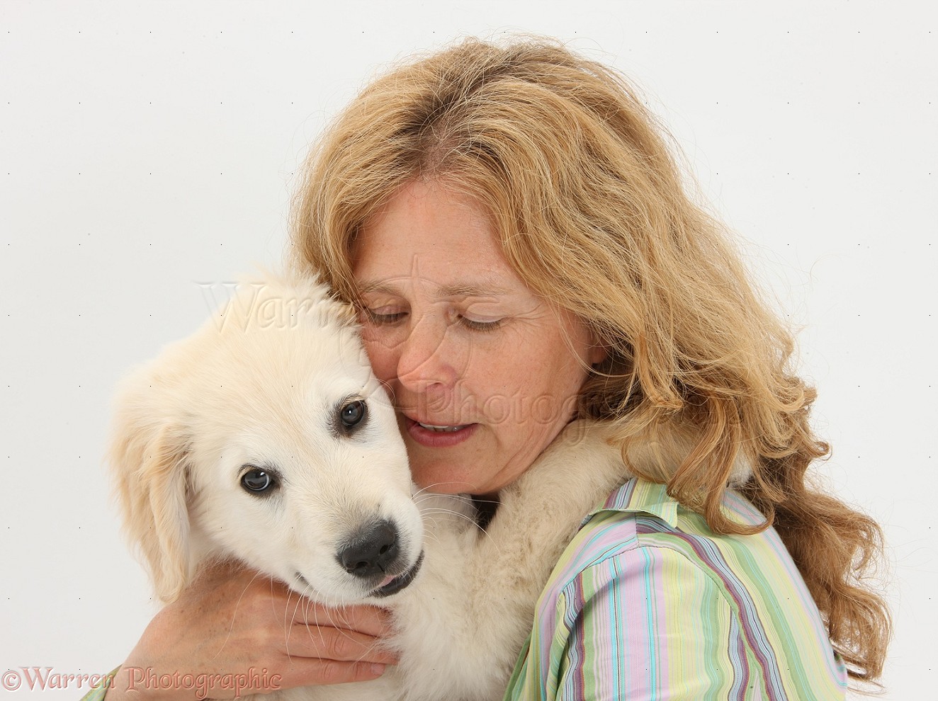 Brinja Helga Atlidottir 33999-Lady-cuddling-Golden-Retriever-pup-white-background