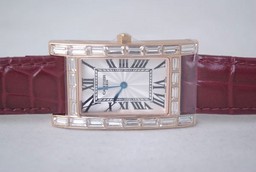 Falso Cartier vintage capa Tanque Quartzo Rosa de Ouro com Diamante e Branco Dial AAA Relógios [ V7H4 ]