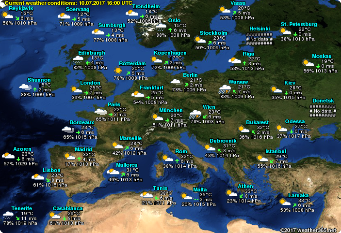 Mappa condizioni meteo attuali in Europa e in Italia  Europe