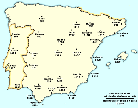 Mapa de la reconquista española con fechas de conquista de la ciudades de España Reconquista-de-las-principales-ciudades-de-la-Peninsula-Iberica-801-1492