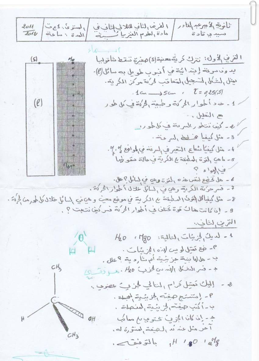 فرض الثلاثي الثاني في مادة الفيزياء اولى ثانوي علمي  349864791