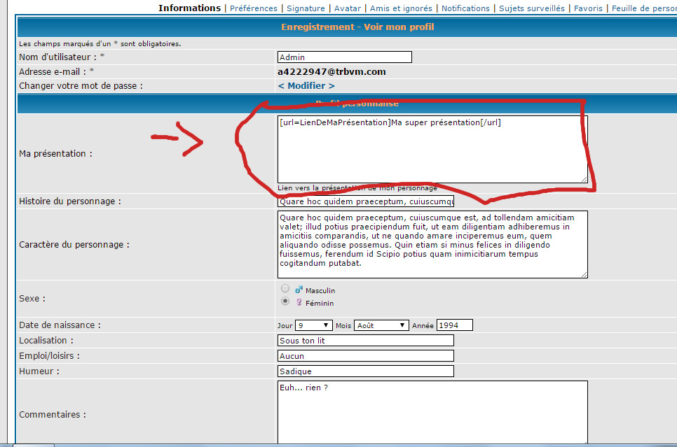 Comment mettre un lien/un smiley/un BBcode dans un champ du profil 338654profil2