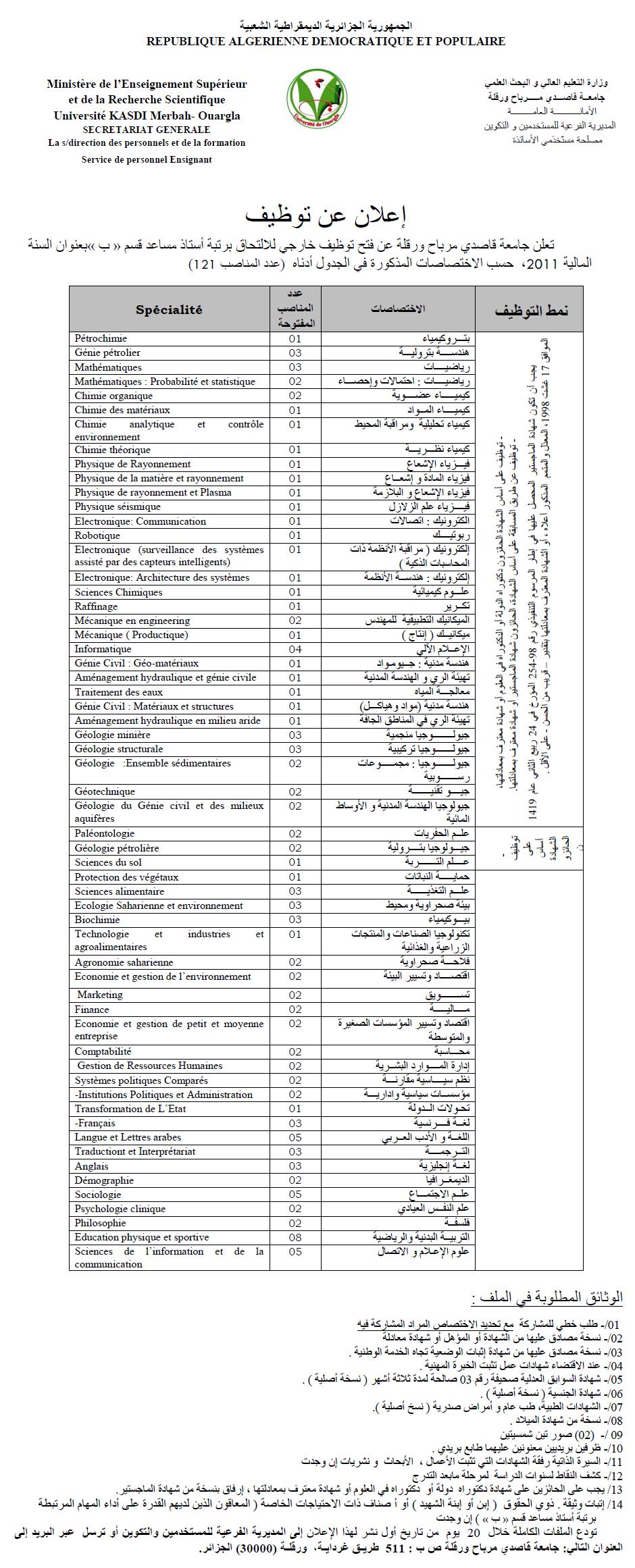 Recrutement Maitres Assistants Université Ouargla 349936Ouargla22011