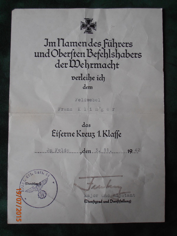 Diplome de croix de fer 1939 704139P7190013