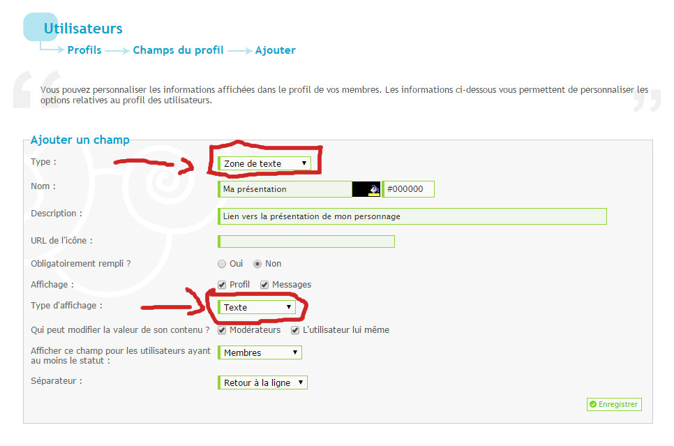 Comment mettre un lien/un smiley/un BBcode dans un champ du profil 764014champ