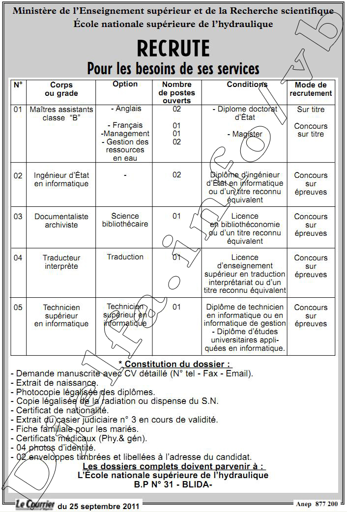 Recrutement Maitres Assistants Ecole Nationale Supérieur de l'Hydrolique 868037ENShydroBlidacopy