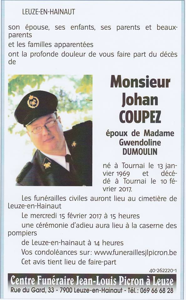 Décès du sapeur Johan Coupez poste de secours Leuze-En-Hainaut 9863601670710310212506639203014157823390n