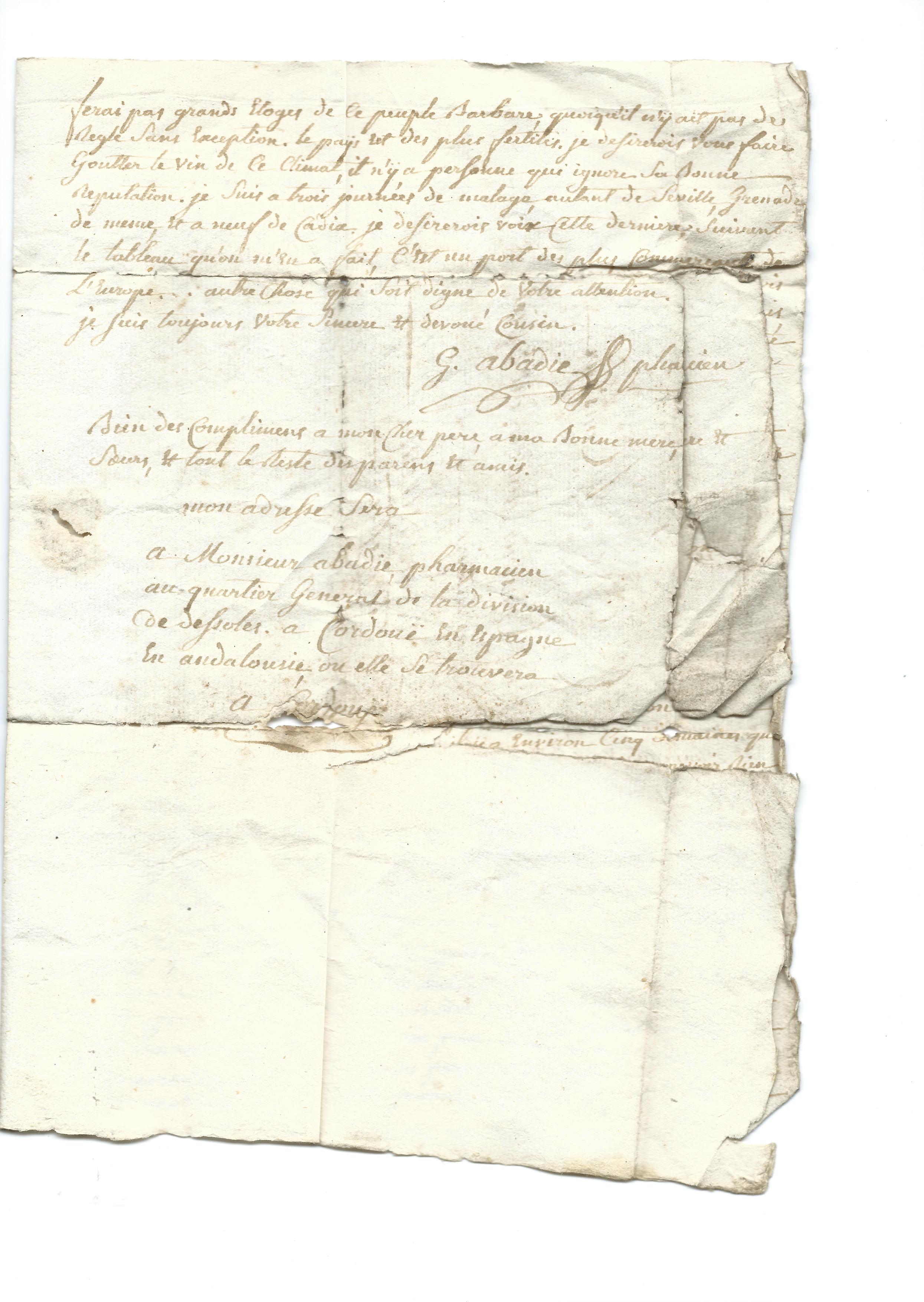 Lettre du 15 Mars 1810 - au pharmacien Abadie quartier Général Dessolles Cordoue 22979418103