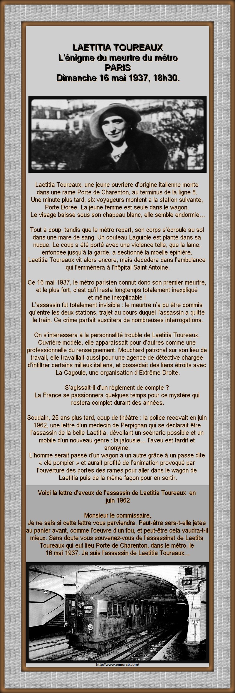  FRANCE -  LE CRIME DE LA LIGNE 8 METRO PARISIEN  - LAETITIA TOUREAUX 4731134311