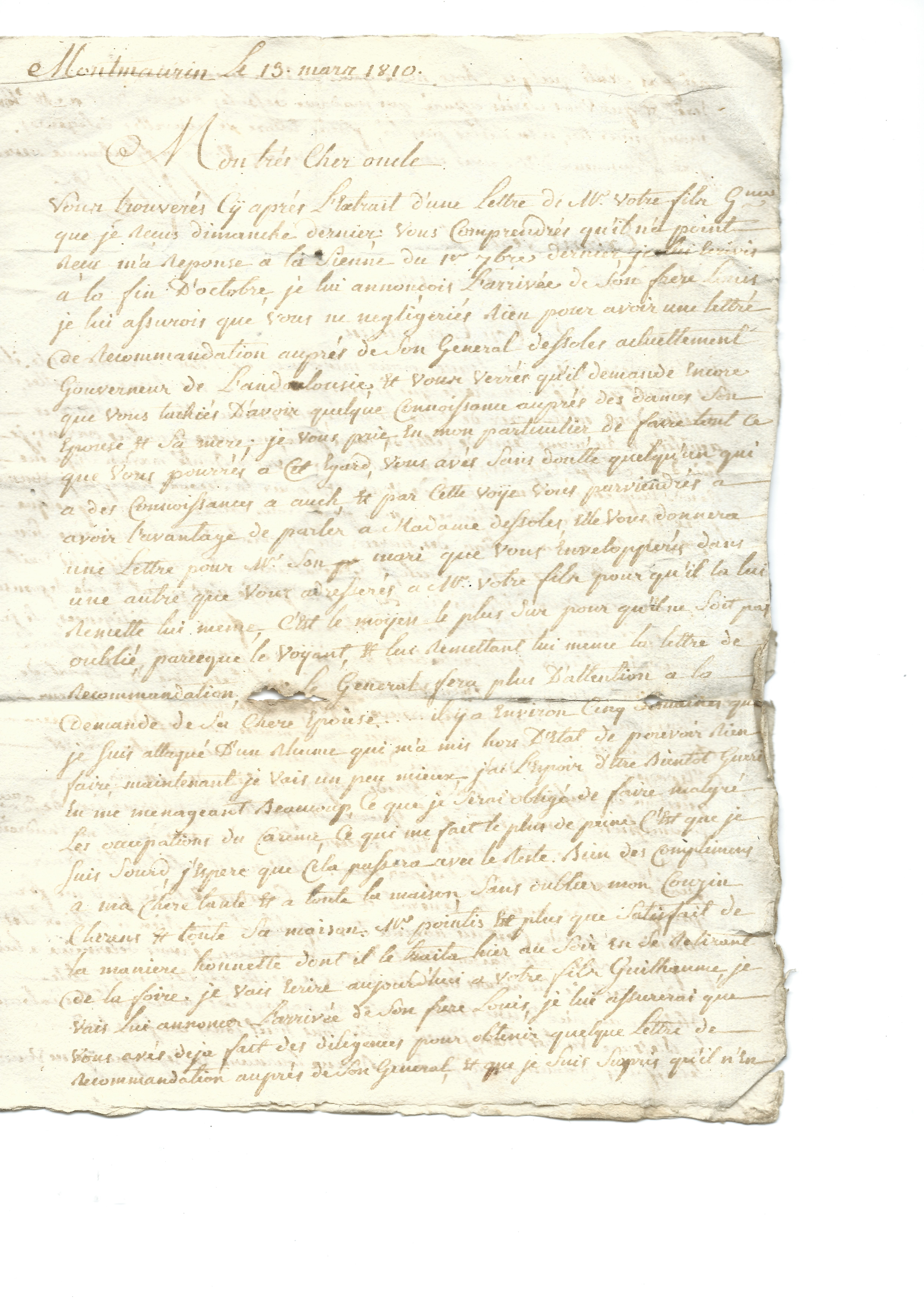Lettre du 15 Mars 1810 - au pharmacien Abadie quartier Général Dessolles Cordoue 5205271810
