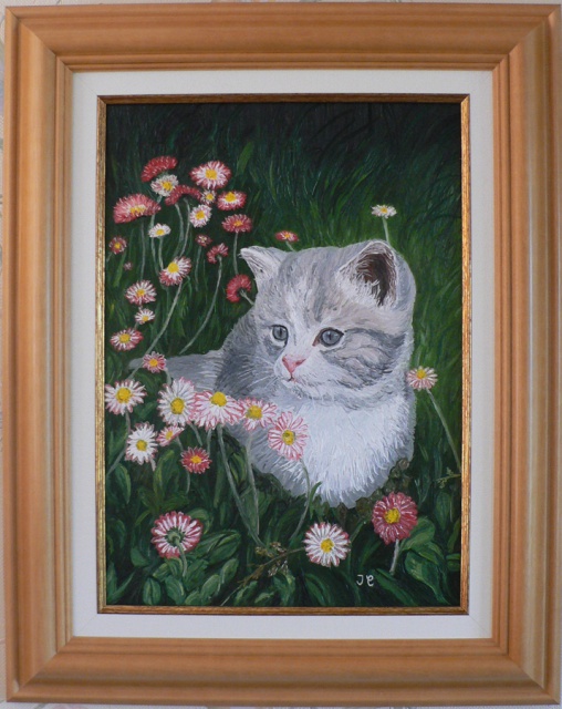 Le chat dans un champ de marguerites. (Huile) 627771Chat900