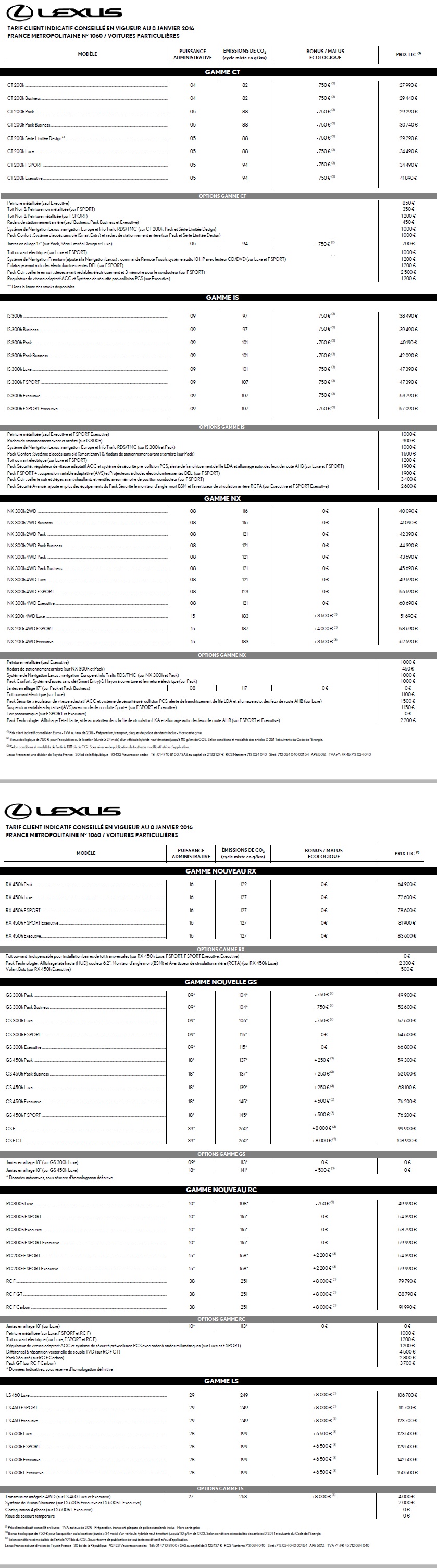  Tarif Lexus Au 8 Janvier 2016 789453tariflexus2016