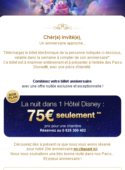 [Ancienne offre, n'est plus proposé] Une nuit dans un hôtel Disney pour 75 € avec l'offre Gratuit pour votre anniversaire 124196opier