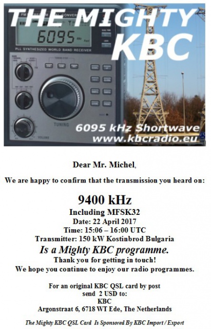 eQSL de KBC via Bulgarie 823144KBC