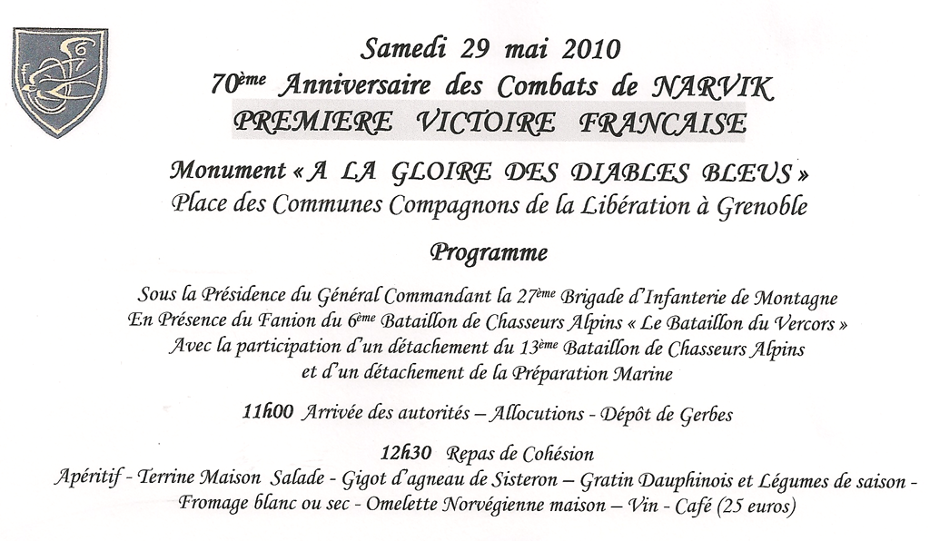 Commémoration à Grenoble de la prise de NARVIK 290623prog