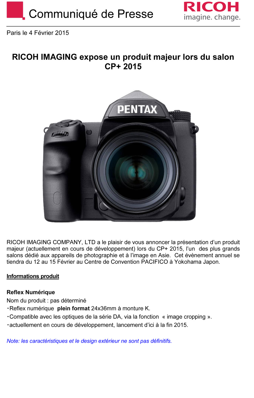 PENTAX RICOH IMAGING - Communiqué de Presse 04/02/2015 - Produit Majeur ... 7AQwtg