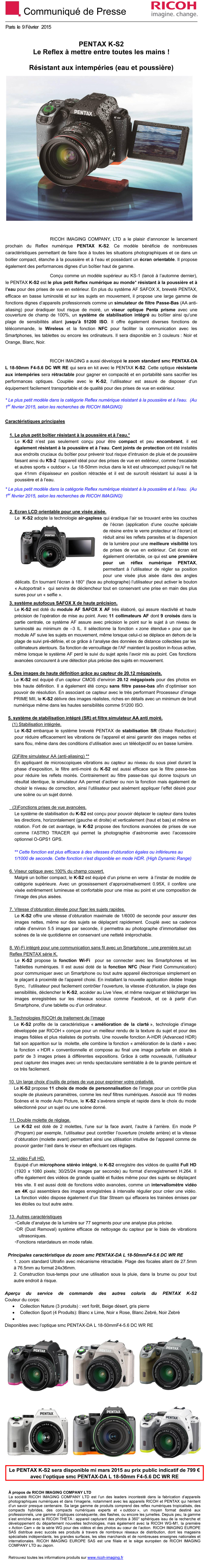 PENTAX RICOH IMAGING - Communiqué de Presse 09/02/2015 - PENTAX K-S2 GNsRUP