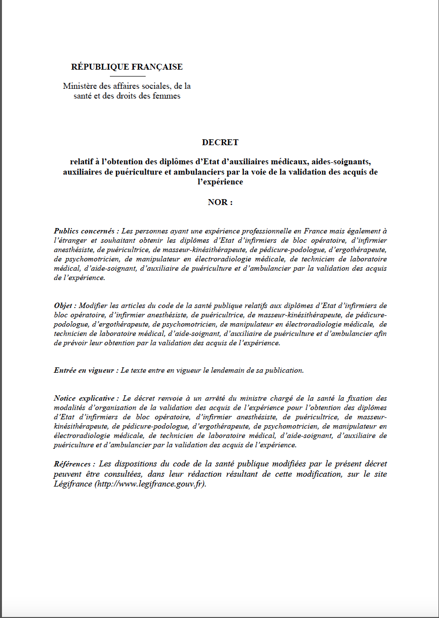 projet de décret relatif à l’obtention des diplômes d’Etat d’auxiliaires médicaux, aides-­‐soignants, auxiliaires de puériculture et ambulanciers par la voie de la validation des acquis de l’expérience JSxfXd