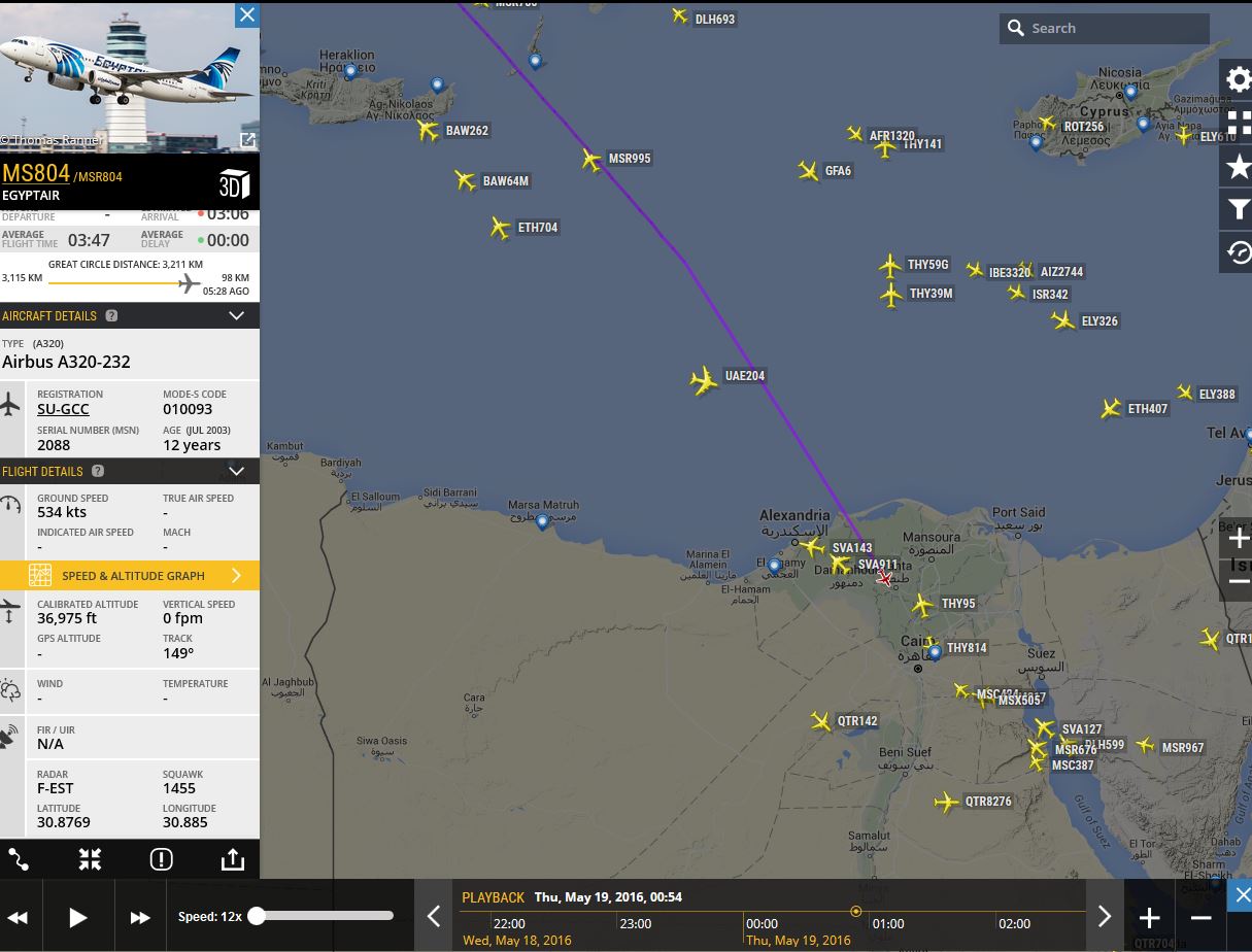 DISPARITION D'UN AVION D'EGYPTAIR AU DESSUS DE LA MEDITERRANNEE 36NM75