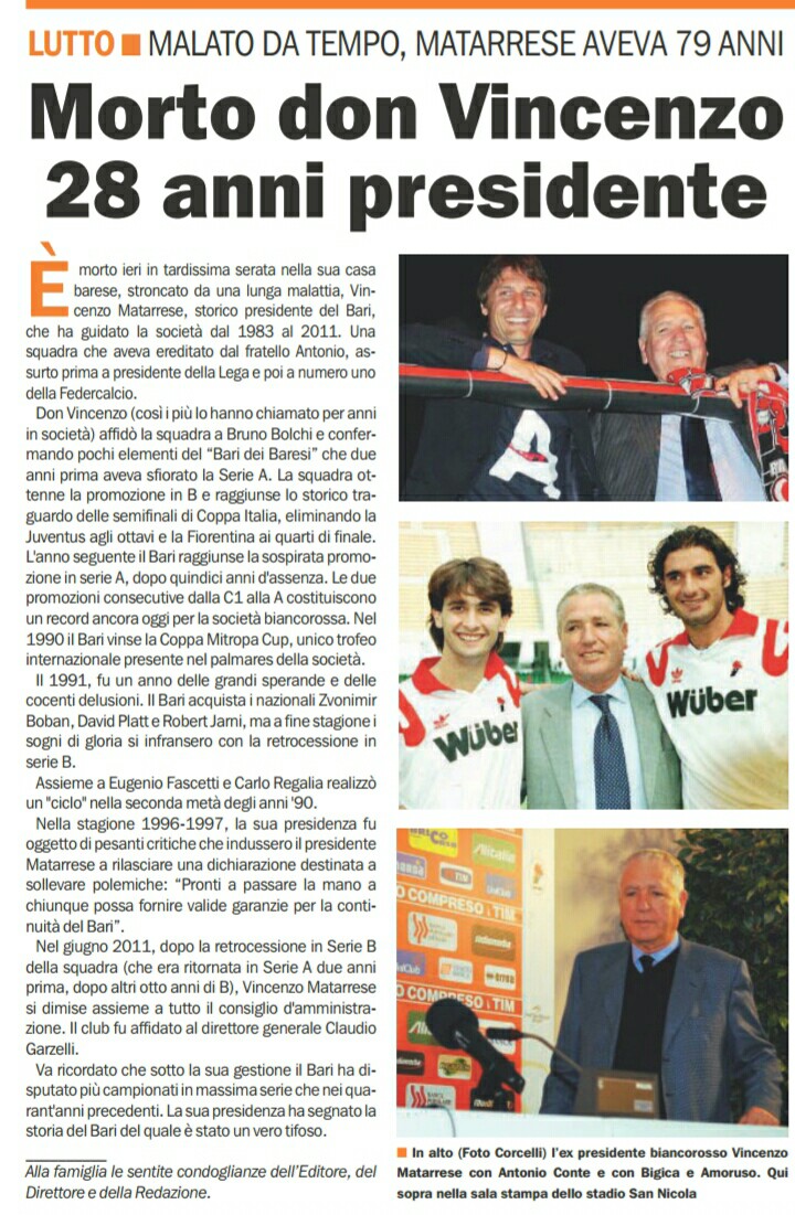 14/06/16 - GdS - Addio a Matarrese, il presidente più longevo / Epolis - Morto Don Vincenzo, 28 anni Presidente  SIdI8Y