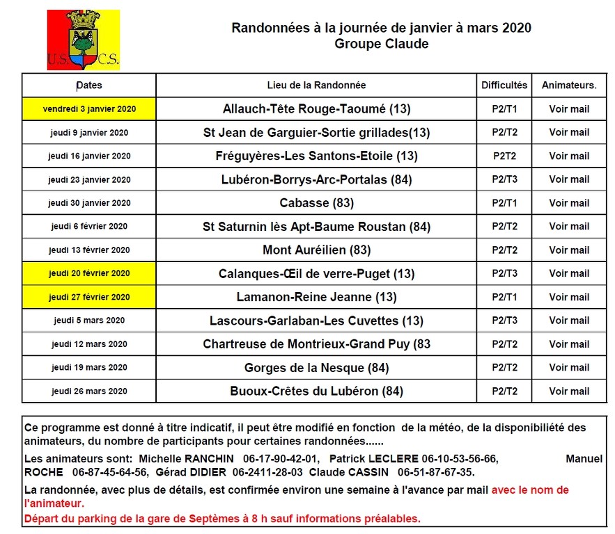 Planning des randonnées du 1ème trimestre 2020 MoLMaa