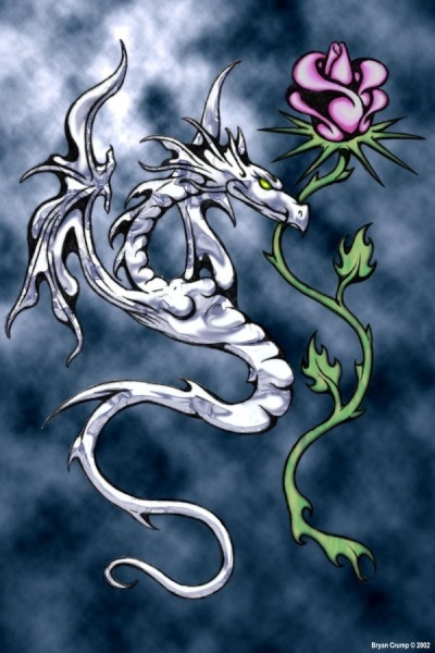 dragon d'argent avec rose