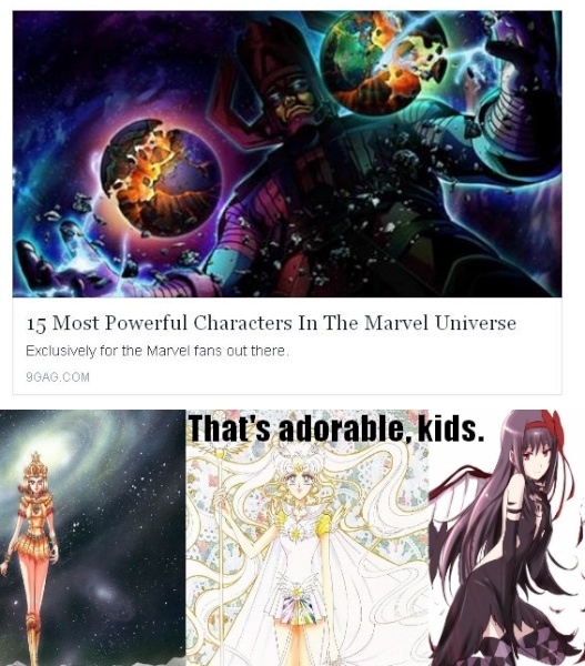 Sailor Cosmos, Galaxia and Akuma Homura laugh at Marvel