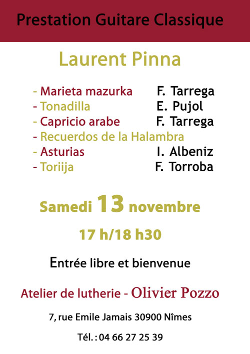 prestation guitare classique "Laurent Pinna" samedi 13 novembre à  17h sur Nîmes Concer10