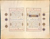 Coran
Iran, XVIe siècle
Papier, 295 f., 36,1 x 24,5 cm
BNF, Manuscrits orientaux, Smith-Lesouëf 218, f. 174 v°-175
Strictement respecté, l'interdit de la représentation figurative dans le Coran fit s'épanouir les arts de la calligraphie et de l'enluminure. Les décors géométriques ou à base d'arabesques, la beauté de l'écriture glorifient le Livre mais ont aussi pour fonction de signaler les différents mouvements du texte et de le rendre plus lisible, structurant le texte sacré comme dans ce coran persan représentatif de l'art des Safavides.
Le livre s'ouvre en majesté sur une double page enluminée dominée par le bleu et or tandis que, dans les pages suivantes, le texte, inscrit à l'intérieur d'un cadre doré subdivisé en bandeaux, joue à des fins esthétiques sur plusieurs styles d'écriture : ample muhaqqaq rouge, souple thuluth bleu en alternance avec un naskhî à l'encre noire. Le titre de chaque sourate, ici al-shuarâ' (Les poètes), se détache en thuluth blanc dans un cartouche doré où figure