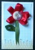 Fiz este carto para testar fazer uma flor com restos de fita.
Usei:
- papel de base: diplomata;
- papis de scrap decorados;
- fitas verde e vermelha (retalhos);
- boto