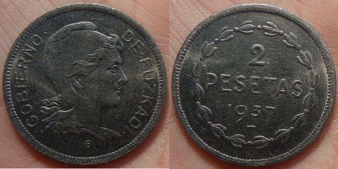 2 Pesetas. Gobierno de Euzkadi. Ceca: Bruselas (Bélgica). 1937. SC.