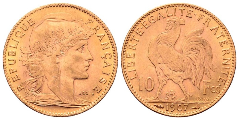 10 Francos (Tipo Marianne/Gallo). Francia (III República). Paris. 1907.